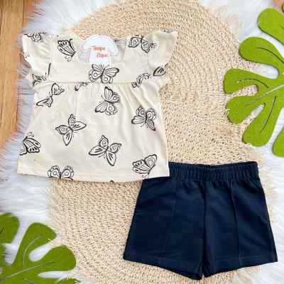 Conj. Batinha Borboletas e Short - Areia e Preto
